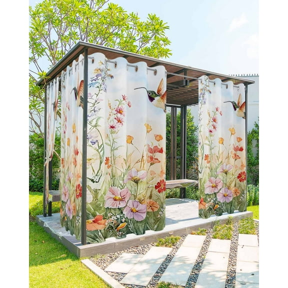 nqOlkjepod Outdoor Curtains for Patio Waterproof, Spring Floral Outdoor Privacy Panels Grommet, Hummingbird Summer Botanical Watercolor Blackout Outside Curtains for Porch/Cabana 54"x84", 2 Panels
