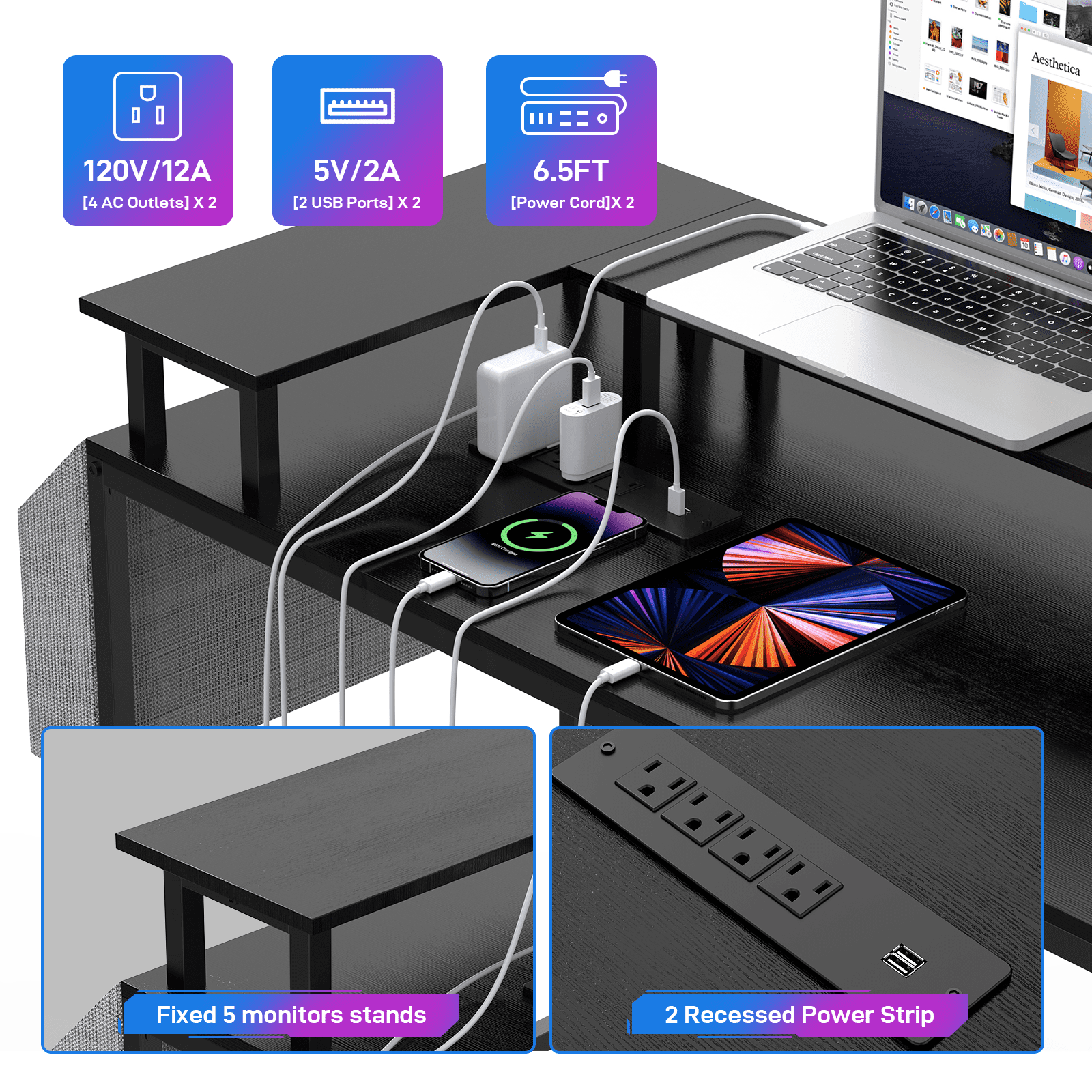 Danolapsi U Shaped Desk,Gaming Desk with Monitor Stand & LED Lights,Large Corner Office Table，79 Inch U- Shaped Gaming Desk,Reversible L Shaped Computer Gaming Desk with Power Outlets
