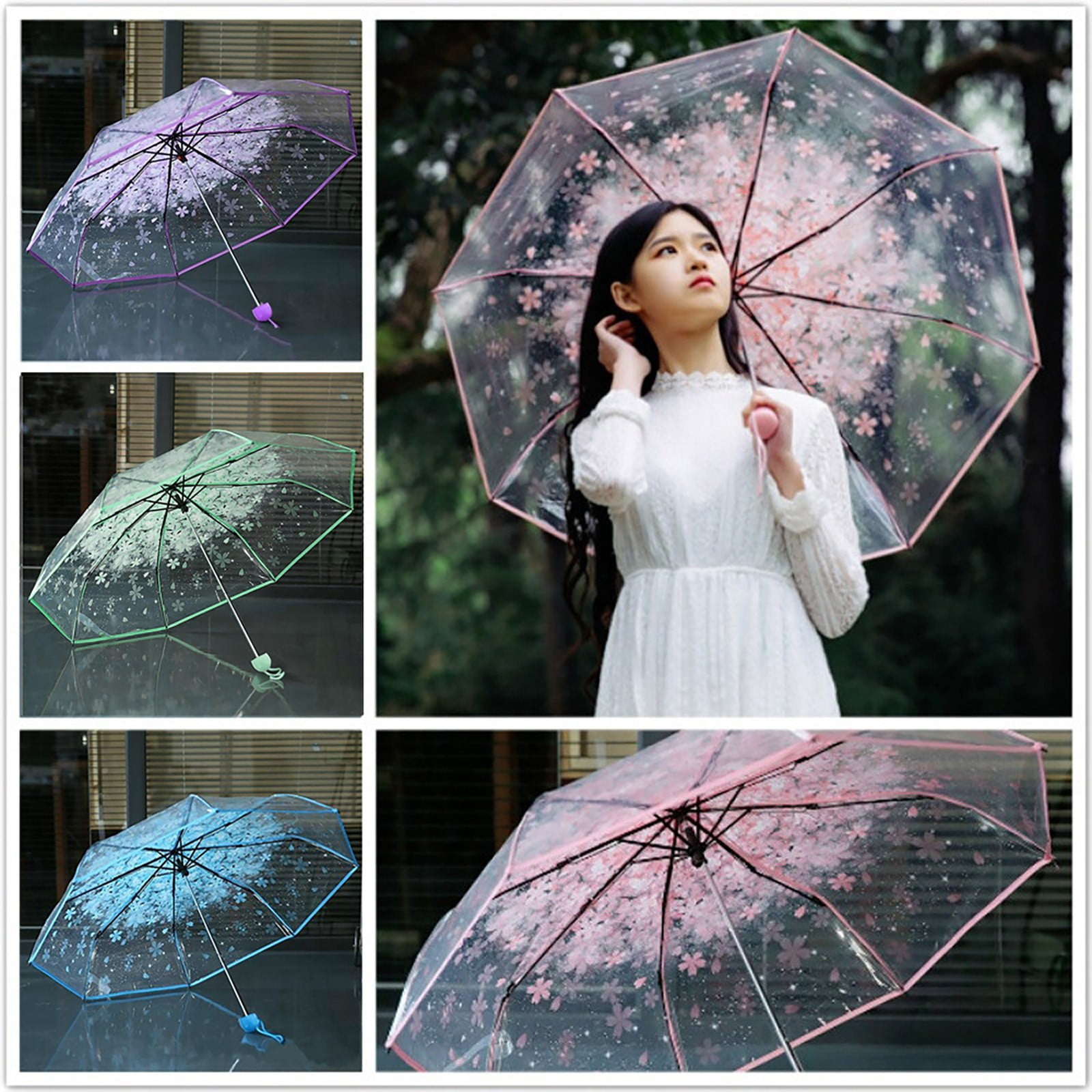 Blue lamta1k Umbrella-Fashion Transparent Cherry Blossoms Dome Shape Birdcage Windproof Stick Umbrella