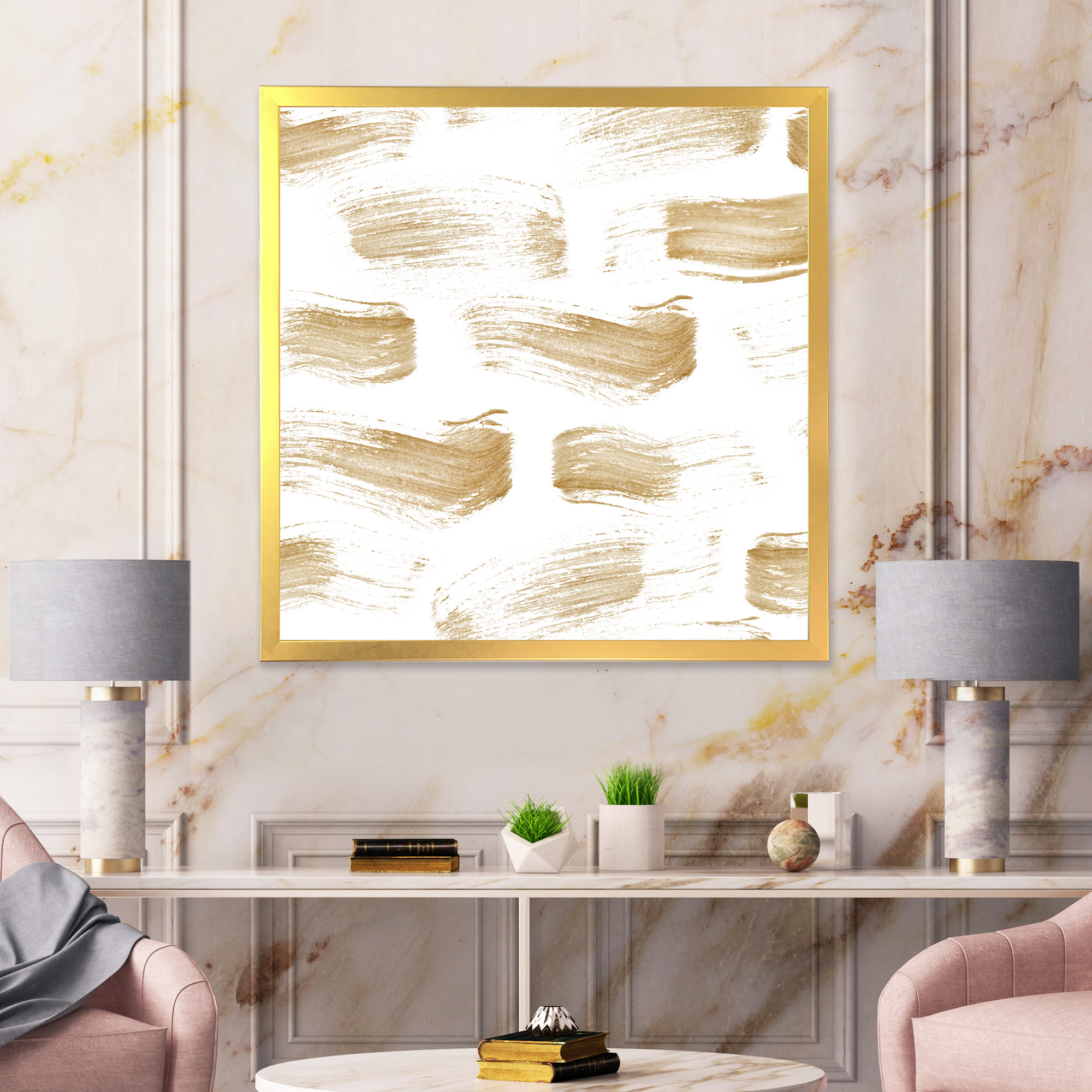 Designart 'Golden Abstract Brush Strokes' Modern Framed Art Print