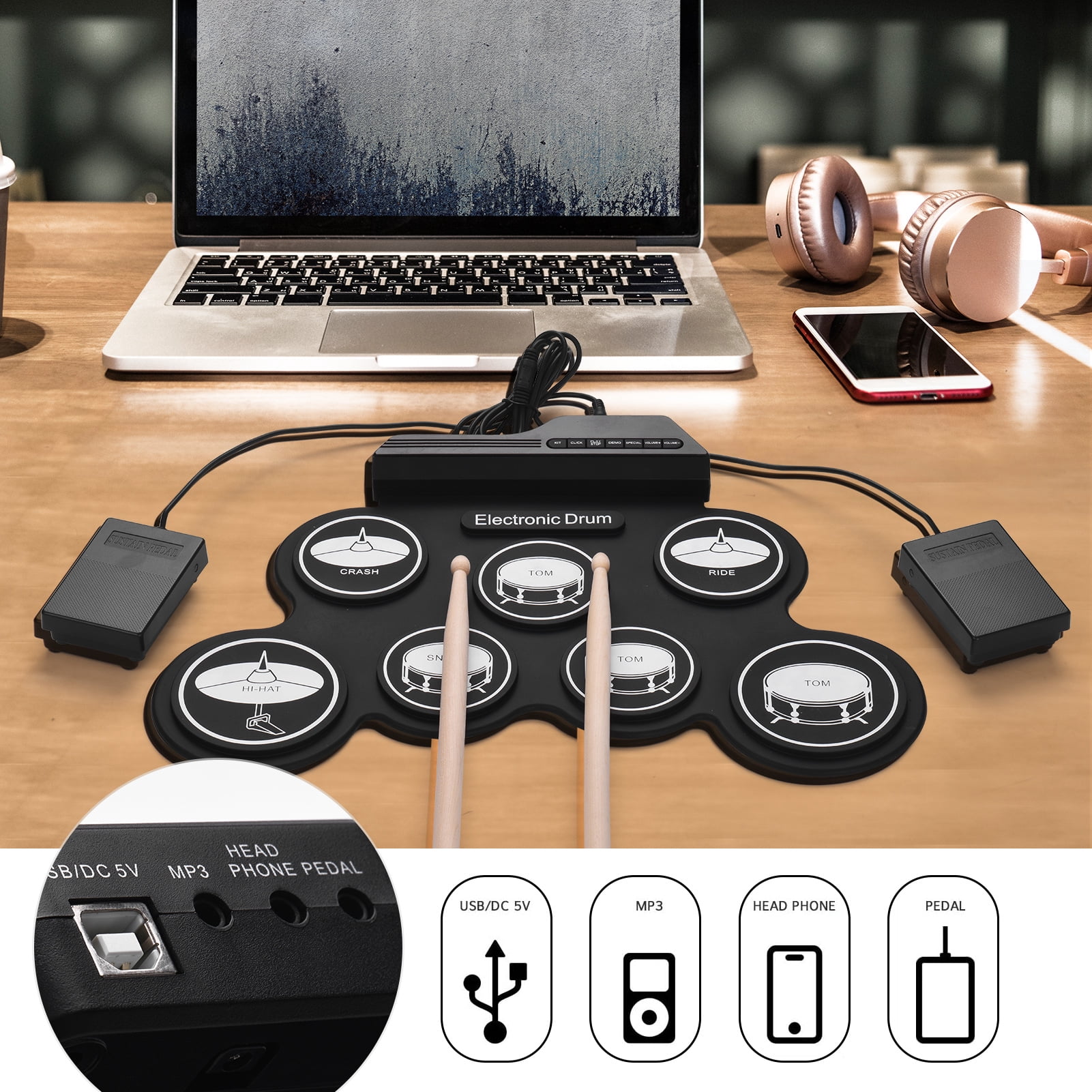 Compact Size USB Roll-Up Silicon Drum Set Digital Electronic Drum Kit 7 Drum Pads with Drumsticks Foot Pedals for Beginners Children Kids