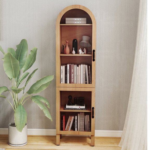 Tall Arched Storage Display Cabinet 5-Shelf with Acrylic Glass Doors, Kitchen Pantry Storage Cabinet Accent Cabinet Bookcase for Living Dining Room, Natural