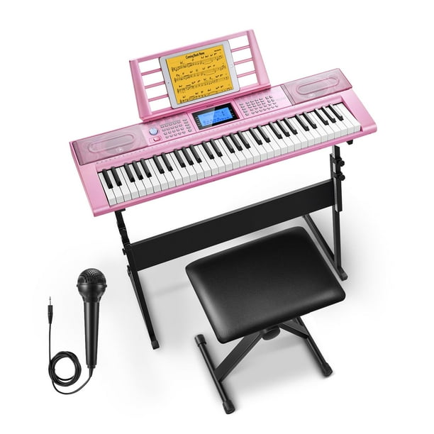 Teclado Piano Donner DEK-610S de 61 teclas con soporte, taburete rosa