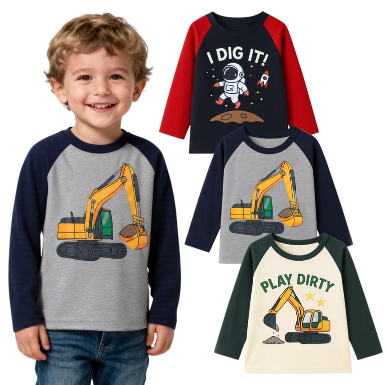 Hileelang Toddler Boys' 3-Pack Cotton Long Sleeve Graphic Tees photo 2