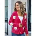 thumbnail image 5 of Womens Ribbed Knit Cardigan Slouchy Flower Graphic Button-Up Jacquard Knitted Sweater Coat Rose Red M, 5 of 8