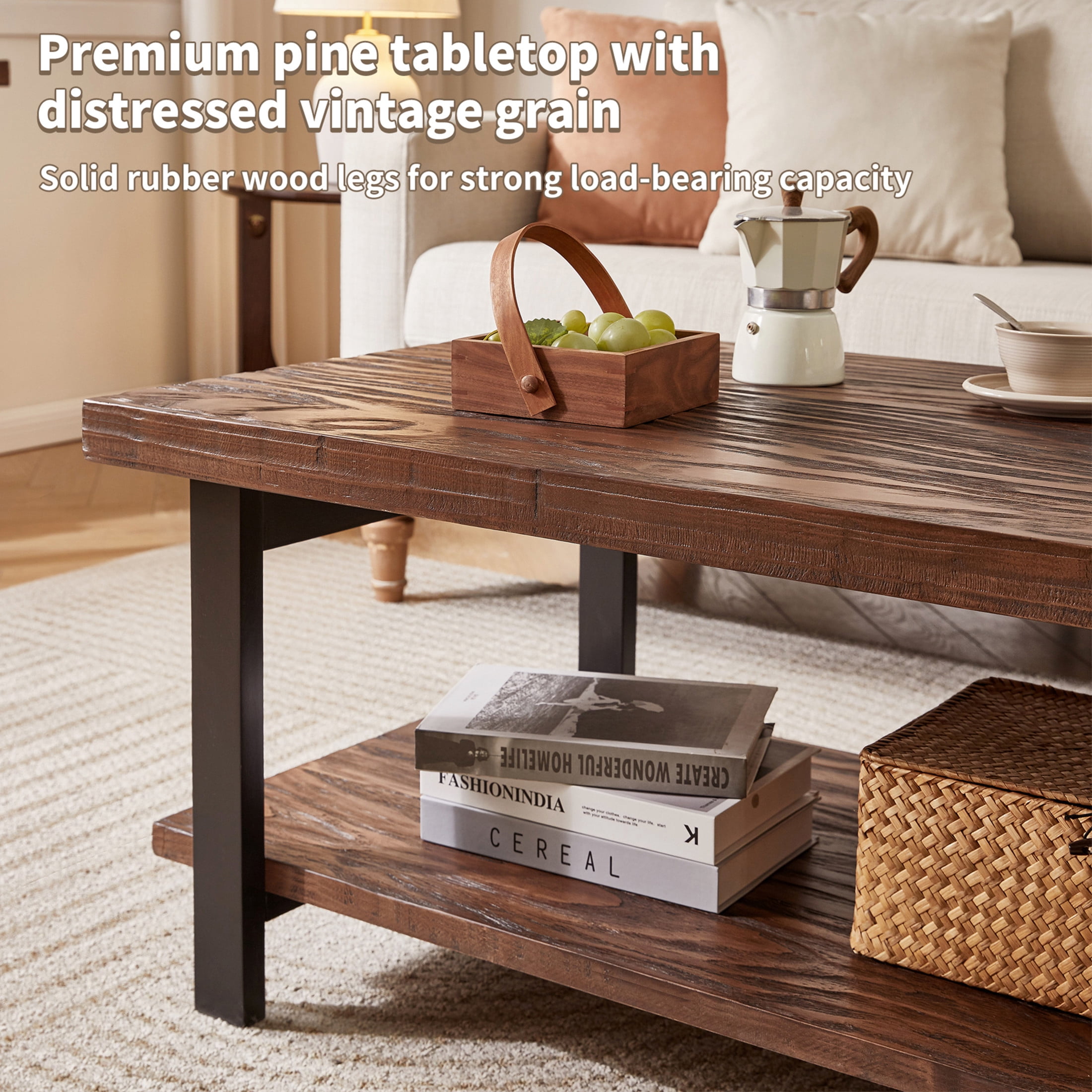 Noble House Caldon Rustic Rectangle Coffee Table with Solid Distressed Pine Top & 2-Tier Storage, Walnut & Black