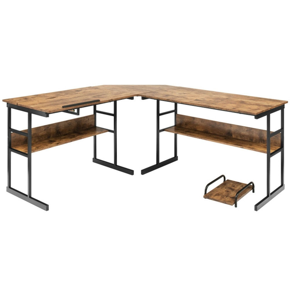 Demi Bonn L-Shaped Computer Desk with Tiltable Tabletop, Small Home Office Desk Study Writing Table, Rustic Brown