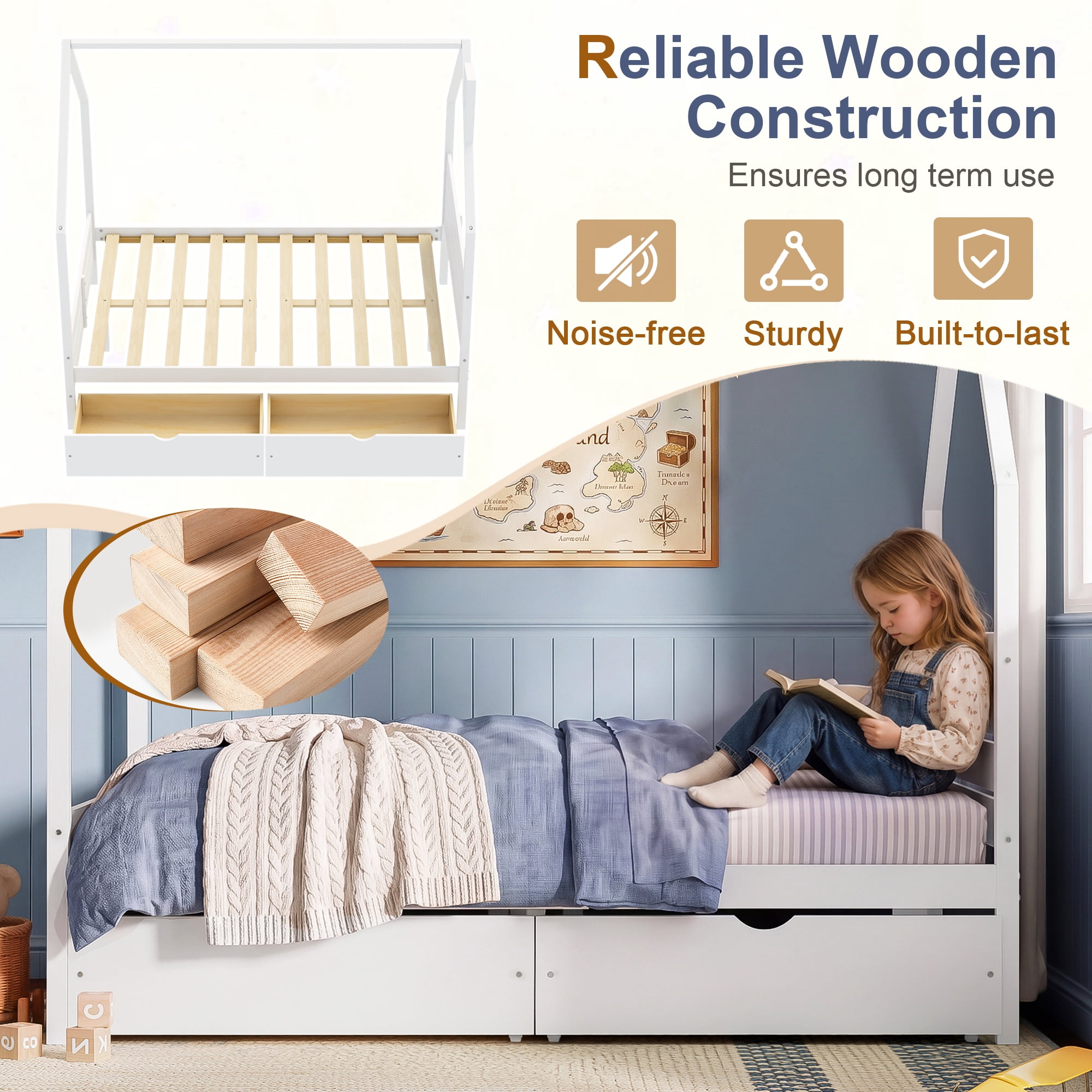 Mintazer Full Kids House Canopy Platform Bed with 2 Storage Drawers, Montessori Bed with Headboard for Bedroom, White