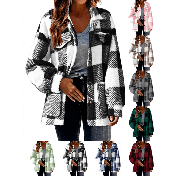 Liuinsasek Womens Casual Jacket Turned-Down Collar Long-Sleeve Fleece Checkered Button-Up Warm Coat with Pockets for Daily Fall Winter Wear