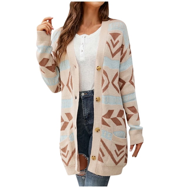 CEHVOM Women's Solid Color Cardigan Wool Sweater Pocket Recreational Long Sleeve Tops Clearance