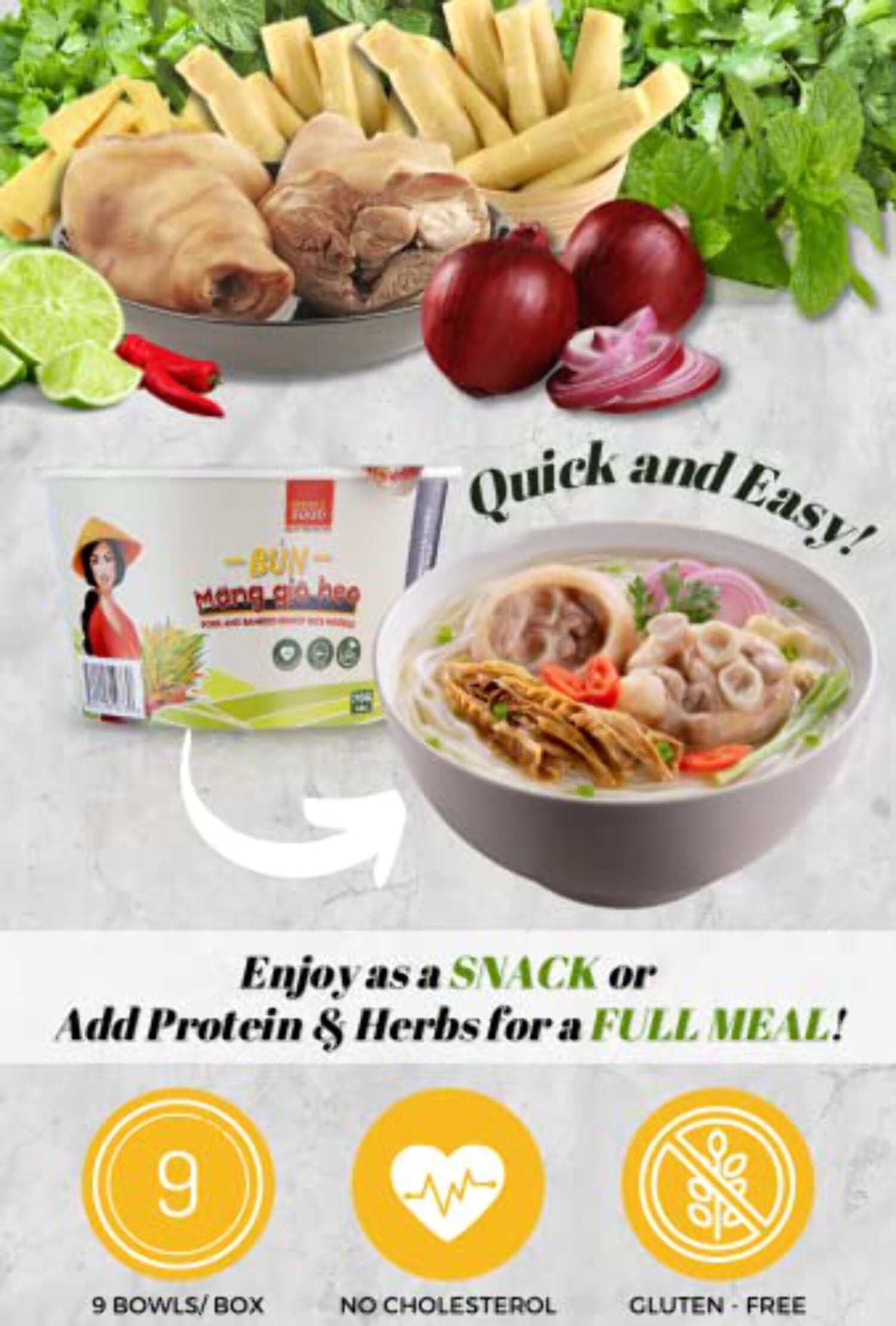 Instant Pork and Bamboo Rice Noodle (9 Bowls/Box): $1.99 per Bowl (70g), Fork Inside by Simply Food