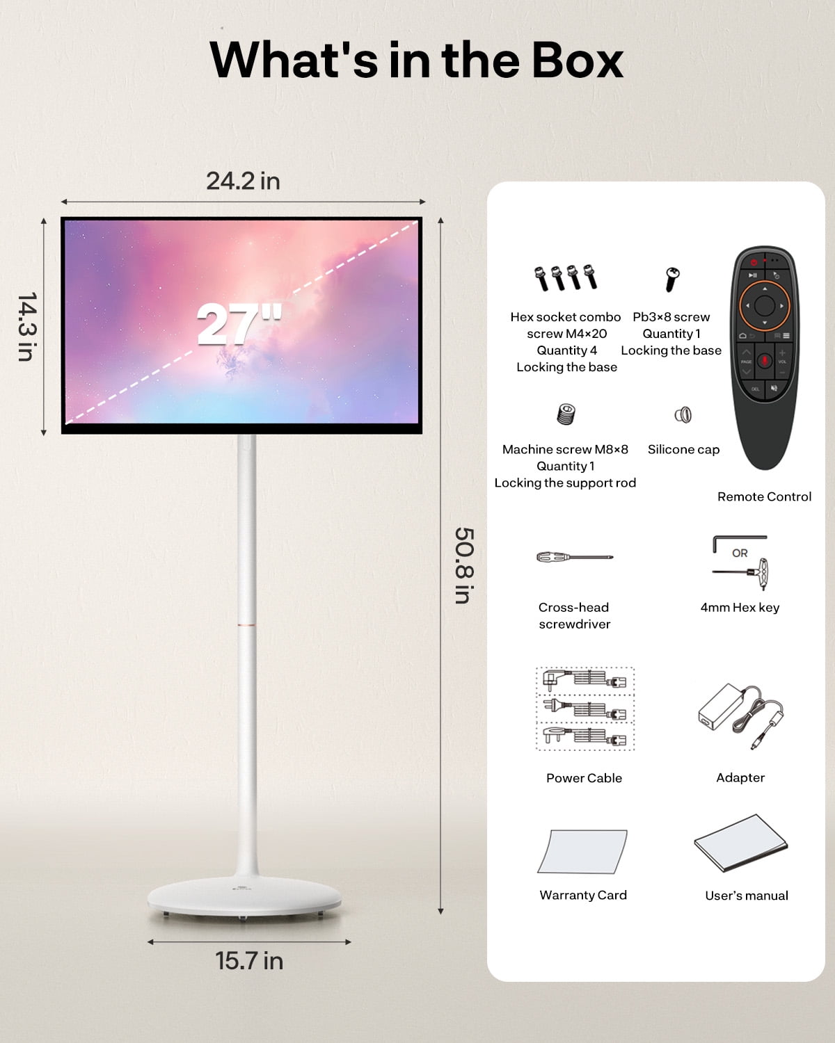 SYLVOX 27" Rolling TV with Camera, Large Tablet on Wheel, 1080p TouchScreen, 10000mAh Battery, Android 14, 8GB RAM+128GB, Voice Remote, Dual 10W Speakers, Full Swivel, White