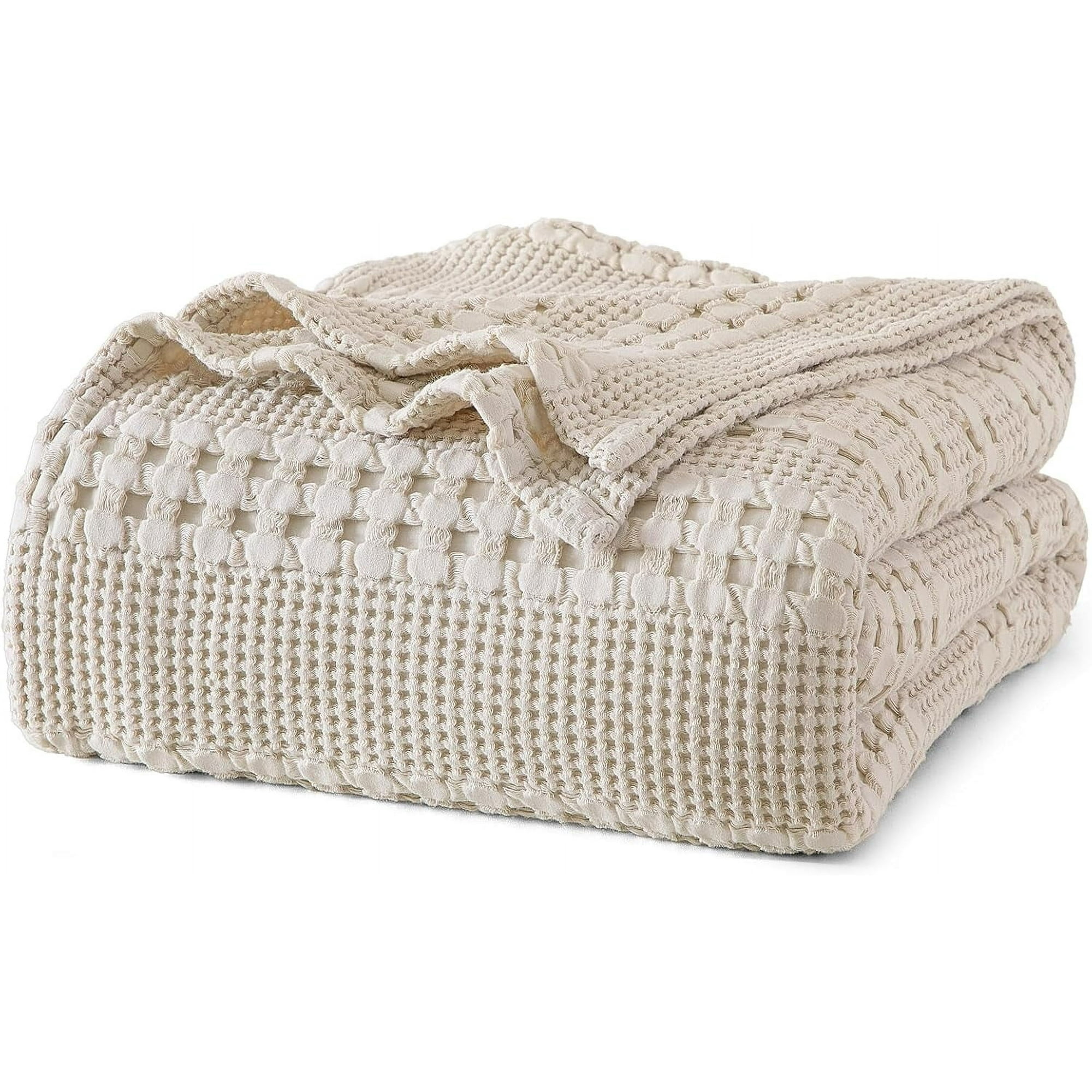 PHF 100% Cotton Waffle Weave Blanket, Lightweight Queen Washed Blanket for Bed Sofa Home Decor, Oatmeal, 90"x90"