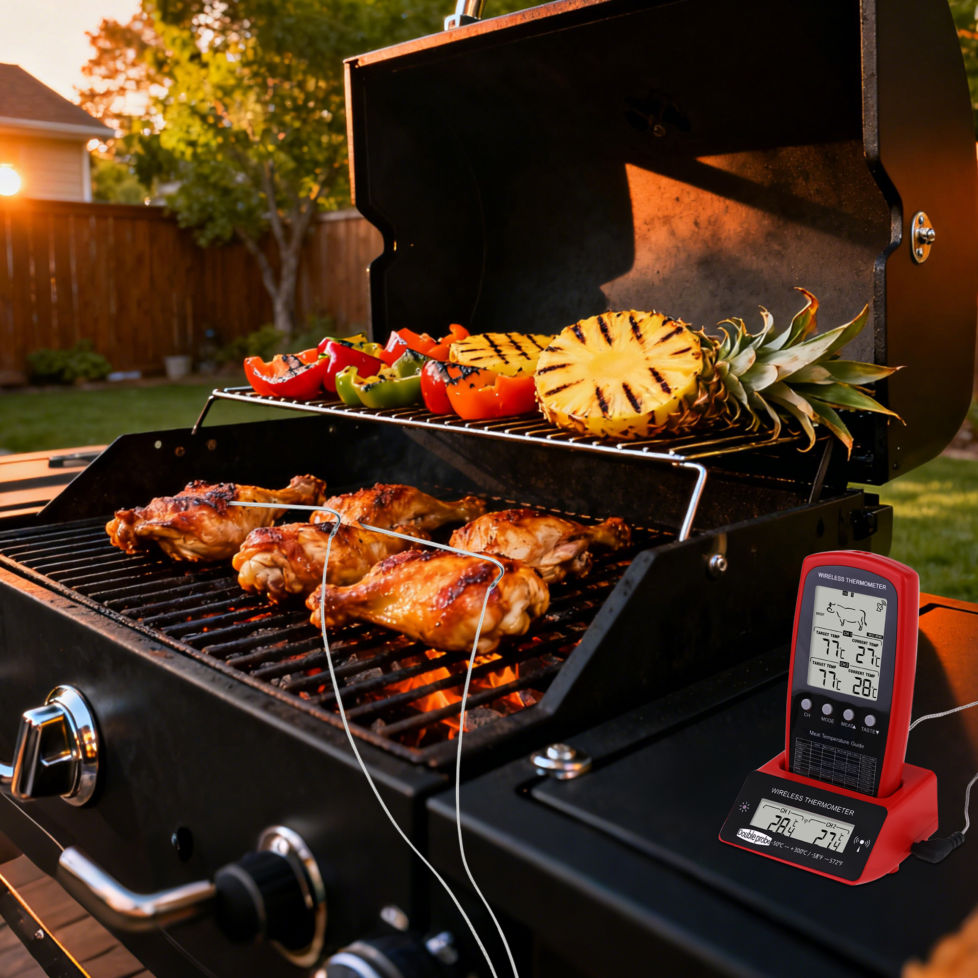 Unique Bargains Digital Meat Thermometer with 2 Temperature Probes Red/Black