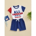 thumbnail image 6 of Aojekbee Toddler Boys 4th of July Shorts Sets Short Sleeve Letter Embroidery Tops Solid Color Shorts Sets, 6 of 10