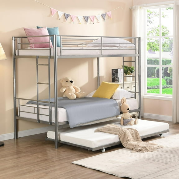 PAPROOS Metal Bunk Bed with Trundle, Heavy Duty Twin Over Twin Bunk Bed Frame with 2 Ladders and Full-Length Guardrails, Bunk Bed No Box Spring Needed (Silver)