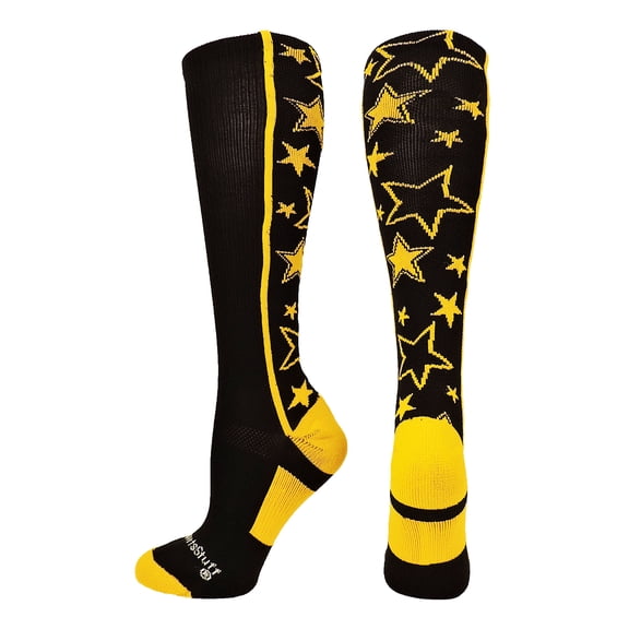 MadSportsStuff Crazy Socks with Stars Over the Calf Socks (Black/Gold, Large)