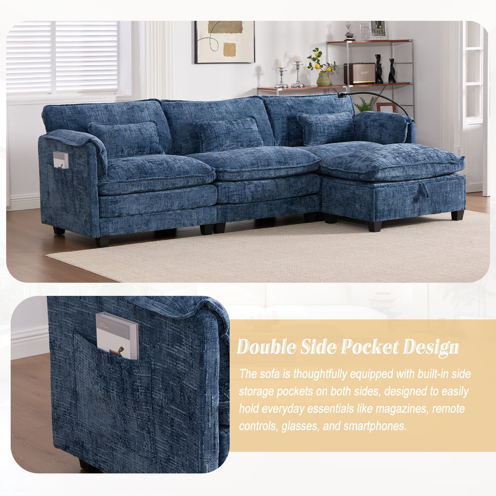 MOONMISS Chenille Upholstered L-shaped Modular Sectional Sleeper Sofa with Movable Storage Ottoman,USB&TYPE-C-Navy Blue