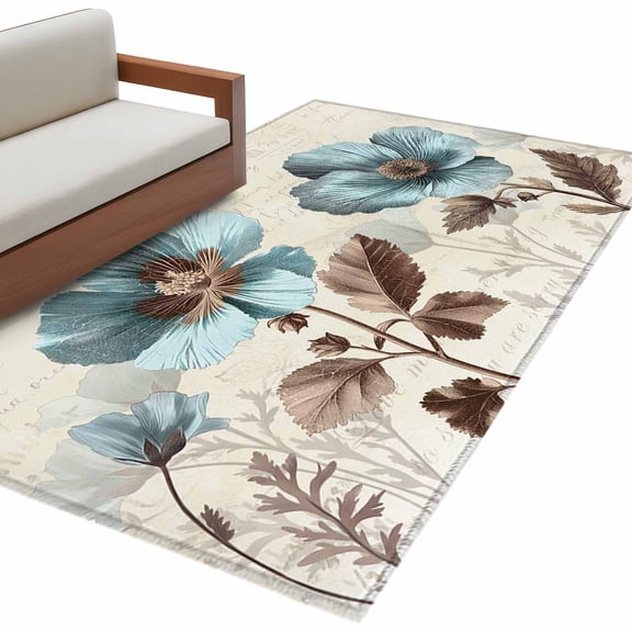 Teal Blue Tulip 3'x5' Washable Rug, Vintage Brown Flowers Elegant Plant Non-Slip Area Rugs for Entryway Kitchen Classroom, Dorm Throw Carpet, Low Pile Soft Indoor Floor Mat