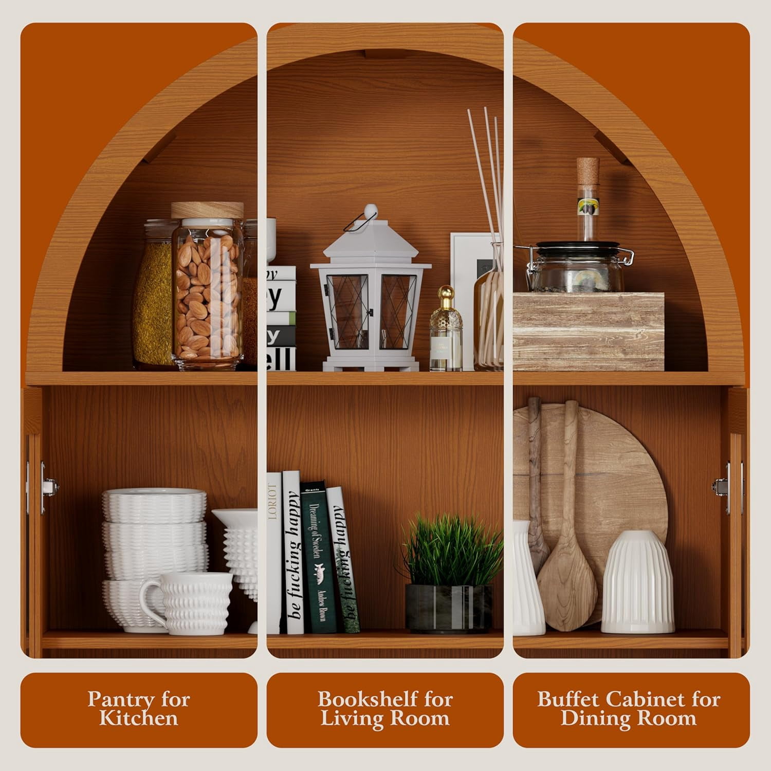 71" Arched Cabinet with Glass Doors, Fluted Tall Pantry with Sliding Doors＆ Adjustable Shelves, Modern Accent Cabinet for Living Room, Kitchen, Dining Room, Yellow Walnut