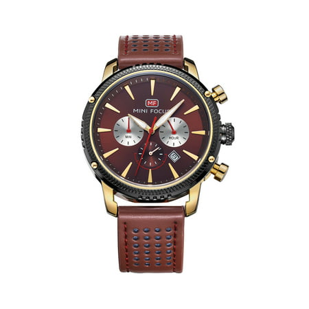 Mens Quartz Watch Brown Leather Strap Minute Subdial Date Analog Display for Friends Lovers Best Holiday Gift