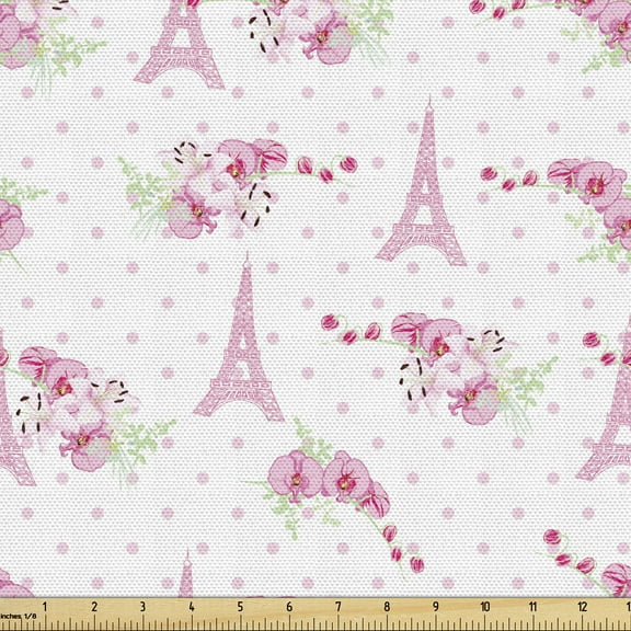 Ambesonne Eiffel Fabric by the Yard Upholstery, Springtime Polka Dots, 1 Yard, Pale Pink Green White