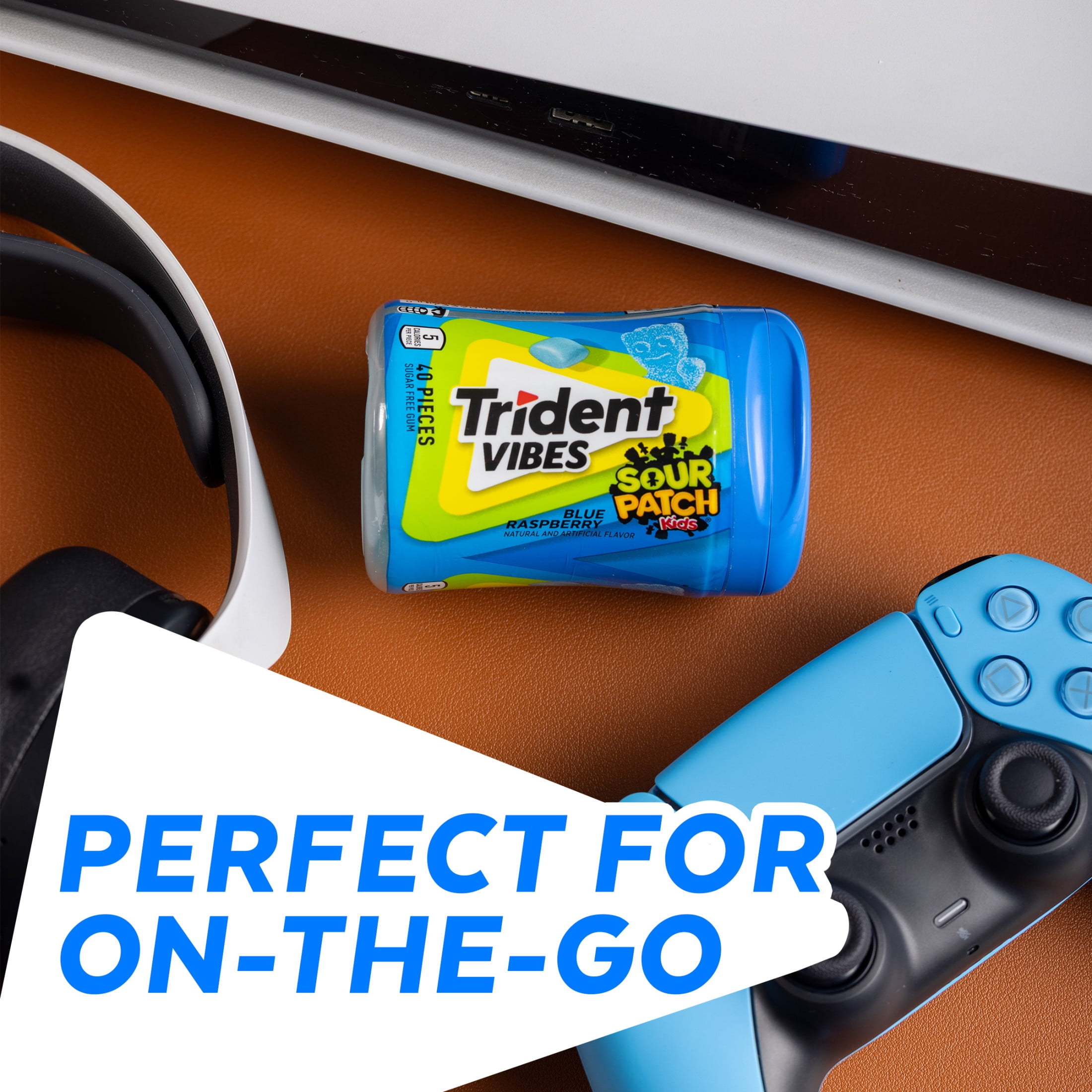 Trident Vibes Sour Patch Kids Sugar Free Gum, Blue Raspberry, Regular Size, 40 Piece Bottle