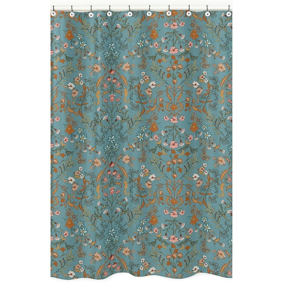 Sweet Jojo Designs Boho Floral Wildflower Blue and Orange Girl Fabric Shower Curtain