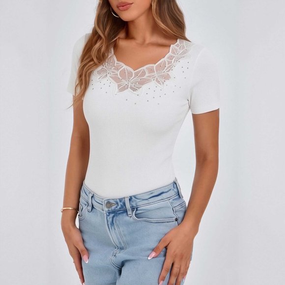 Letimco Breathable Quick Dry Slim Fit Rhinestone Patch Short Sleeve Crew Neck Top for Women - Solid Color for Date Party Daily Summer