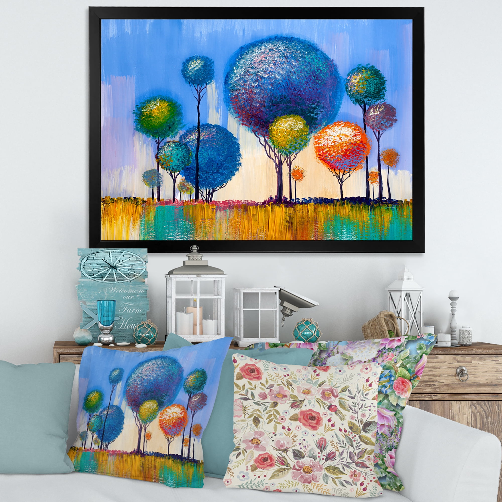 Designart 'Colourful Landscape Trees Impressionist I' Modern Framed Art Print