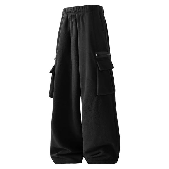 Qgtaibl Mens Cargo Sweatpants Fleece Elastic Waist Wide Leg Pants with Pockets Baggy Casual Open Bottom Sport Trousers Black (Men's S)