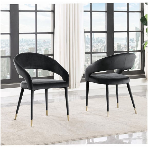 Black Velvet Dining Room Chairs (Set of 2) - Wood Legs, Gold Details, Modern Curved Back Kitchen Chairs