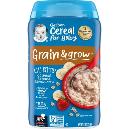 Gerber 3rd Foods Cereal for Baby Grain & Grow Lil' Bits Baby Cereal, Banana Strawberry Oatmeal, 8oz Canister