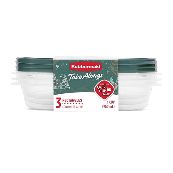 Rubbermaid TakeAlongs Clear Food Storage Container with Lid, 4 Cup, Green, Pack of 3