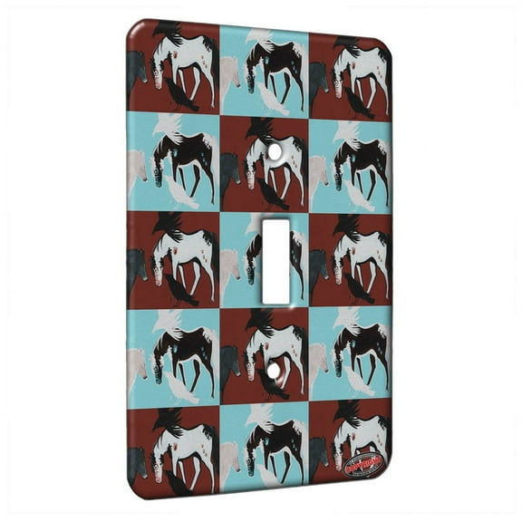 KuzmarK™ Single Gang Toggle Switch Wall Plate - Indian War Pony with Wolf and Ravens Horse Pattern Art by Denise Every