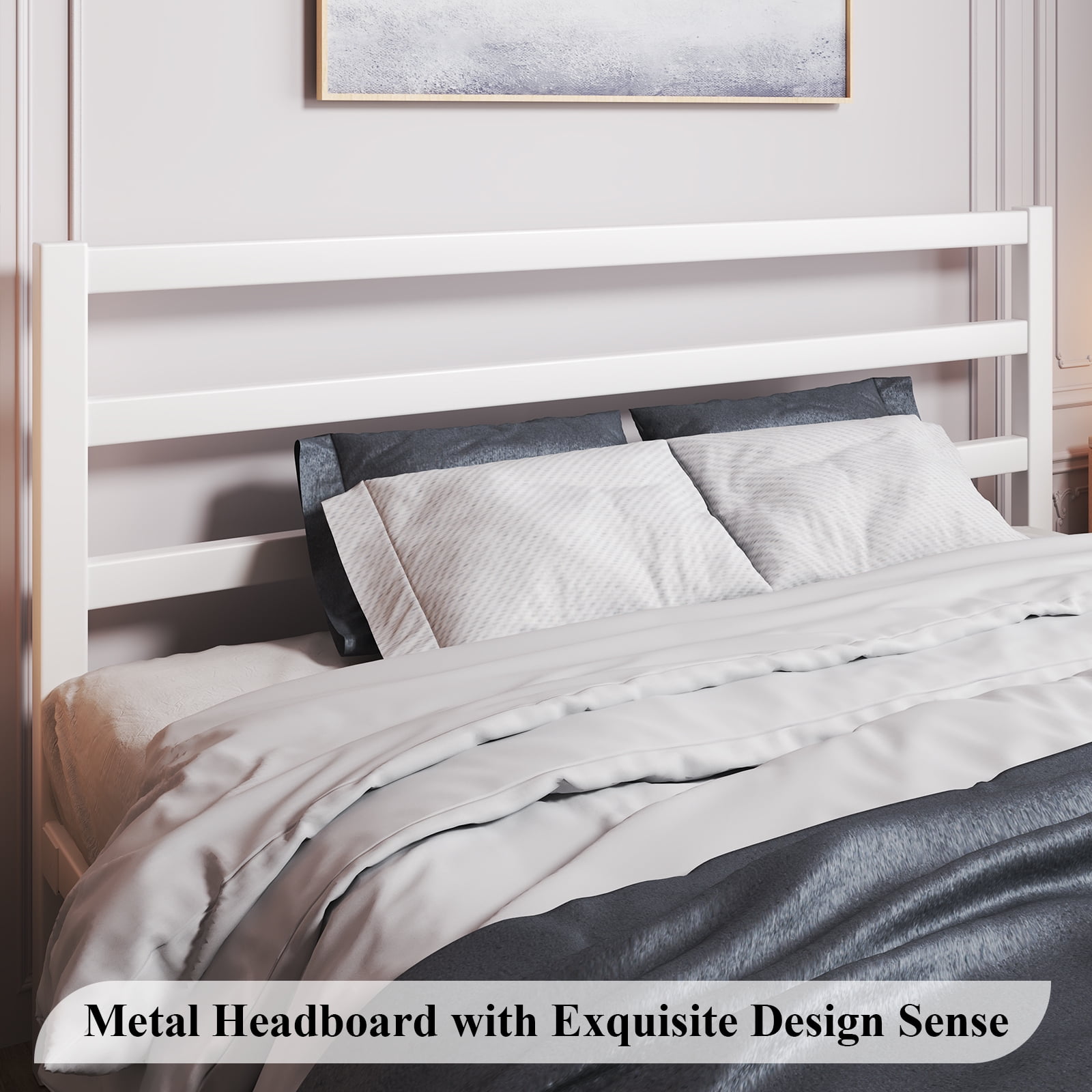 King Size Metal Platform Bed Frame with Headboard, Heavy Duty Steel Slat Support, Under-Bed Storage, No Box Spring Needed, White