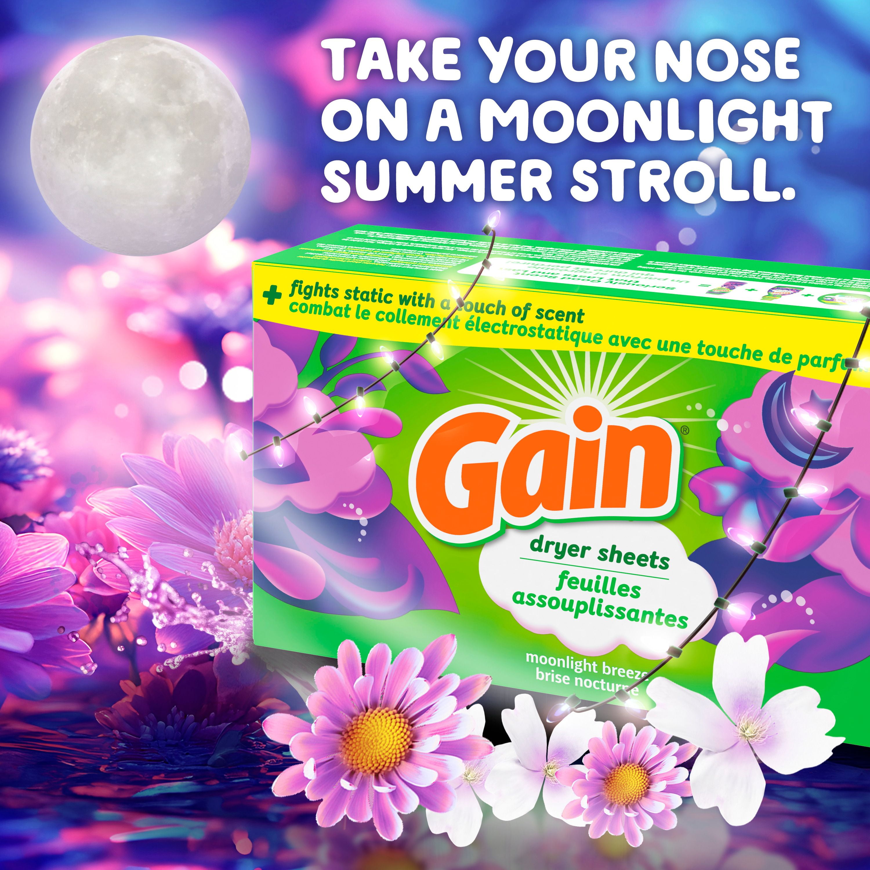 Feuilles assouplissantes Gain, combat le collement électrostatique avec un soupçon de parfum, feuilles pour la lessive, parfum Brise nocturne 200CT