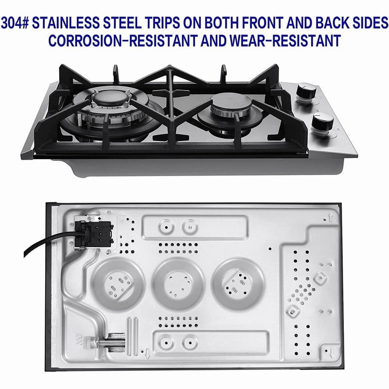 GD 12 in. 2 Burners Recessed Gas Cooktop with Tempered Glass Top, for Dual Fuel LPG/NG, Stainless Steel