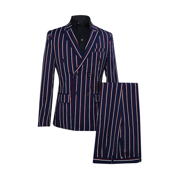 NoxwB Men's Formal Striped Printed Blazer&Pants Set Notched Lapel Double Breasted Long Sleeve Jacket & Long Trouser Suit Casual Stage Performance Outfit Navy 2XL