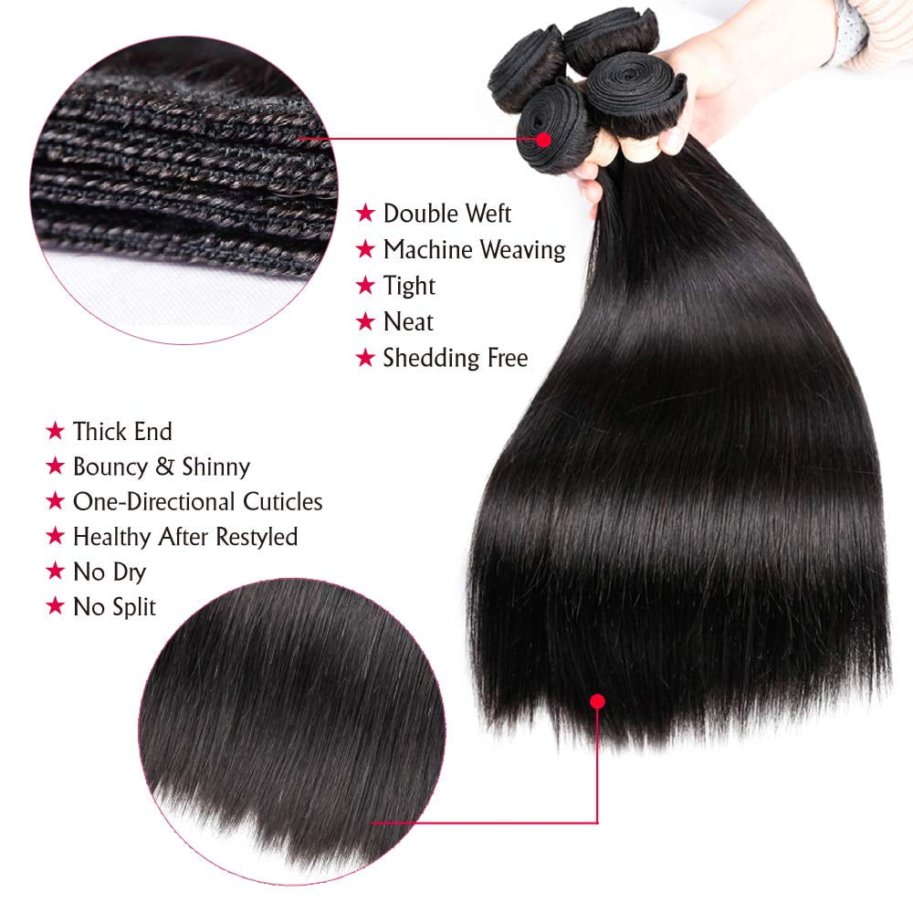 Brazilian Straight Virgin Hair 3 Bundles With Closure Free Part 26"28"30"with 22" Closure 100% Unprocessed Remy Human Hair Extensions, Hair Weft Weave With Lace Closure, Natural Color