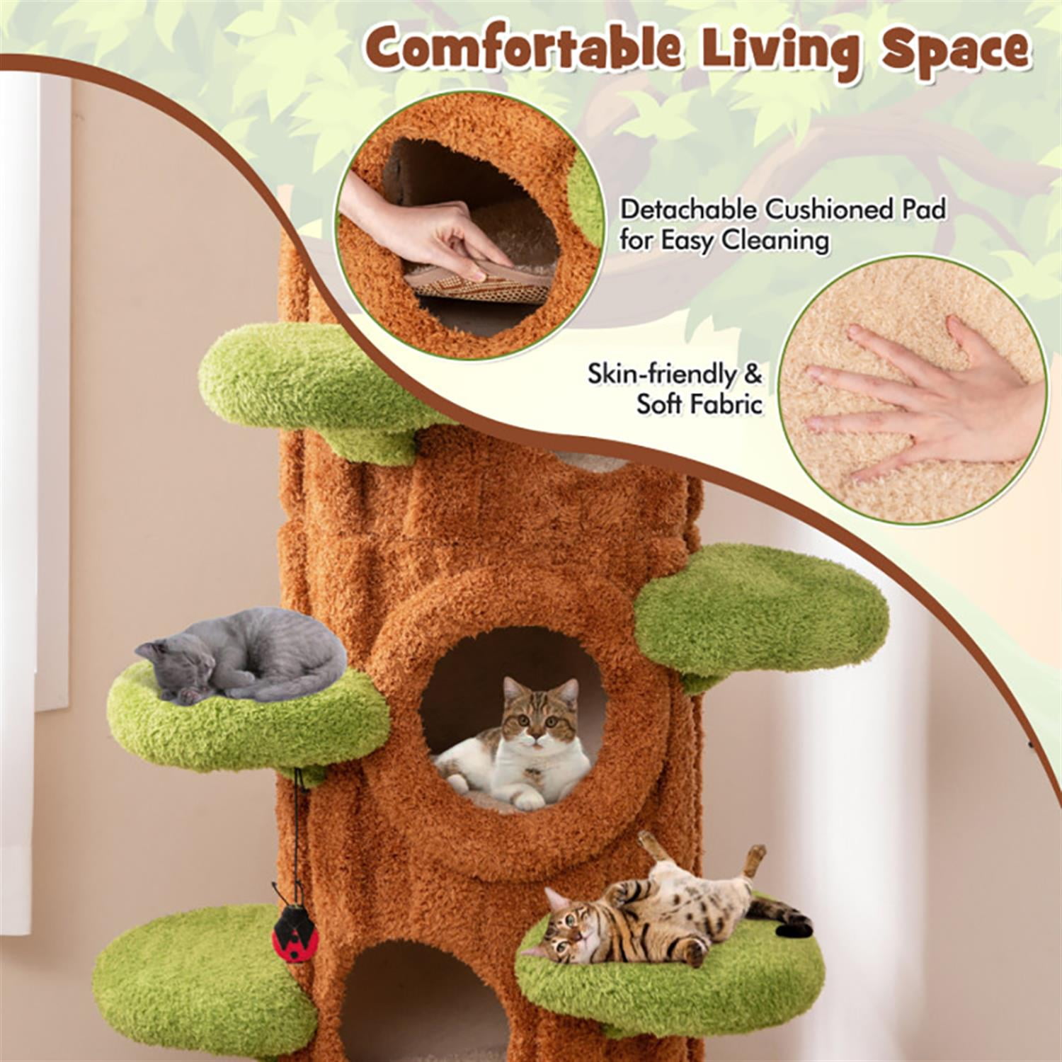 resenkos 90" Cat Tree Tower with Private Condos for Indoor Cats, Multifunctional Plush Cat House with Teasing Balls, Brown