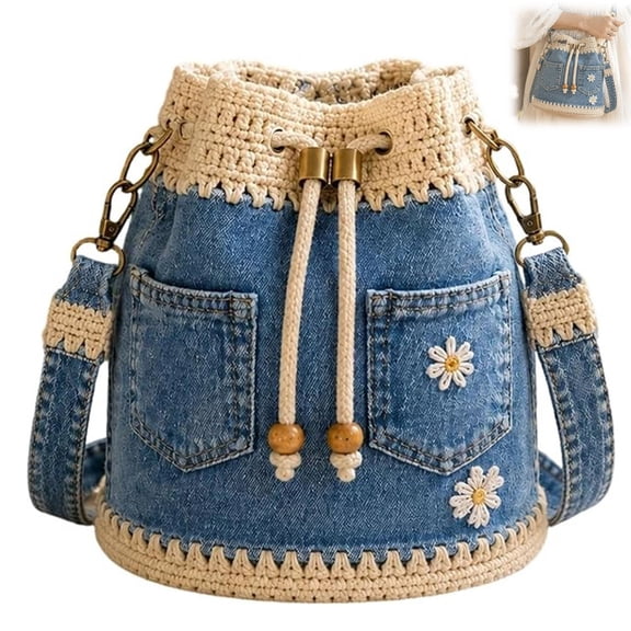 Denim Crochet Bucket Bag, Boho Drawstring Crossbody Shoulder Purse Adjustable Crossbody Strap for Travel, Shopping, Daily Use