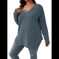 thumbnail image 2 of Suéter Informal de Punto con Cuello en V y Larga para Mujer, Talla Grande Azul Gris 5XL, 2 of 8