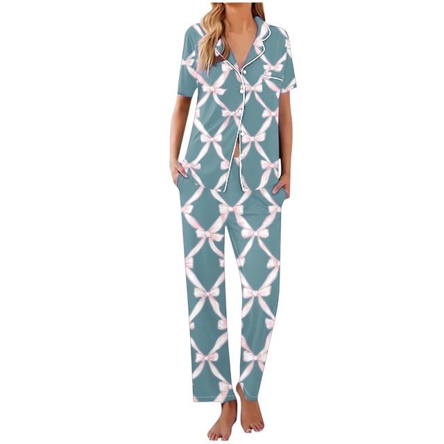 Sexy Pijama Conjunto para las Mujeres Impreso Bolsillo Pantalones de Manga Corta, Traje Suelto Casual para el Hogar Y el Salón