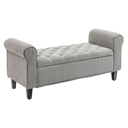 50" Storage Ottoman Bench, End of Bed Bench with Rolled Arms, Gray Velvet, Button Tufted, Living Room & Bedroom Seating