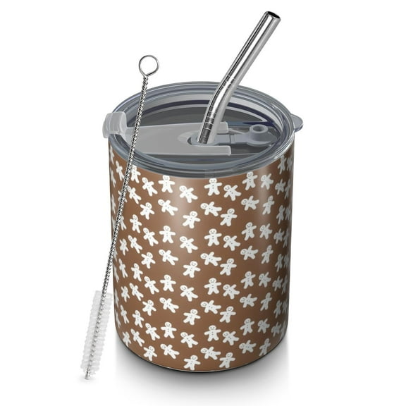 12oz Coffee Tumblers Brown Christmas Gingerbread Pattern Stainless Steel Vacuum Insulated Travel Tumbler Coffee Cups Mug with Lid and Straw with Cleaning Brush for Cold & Hot Drinks