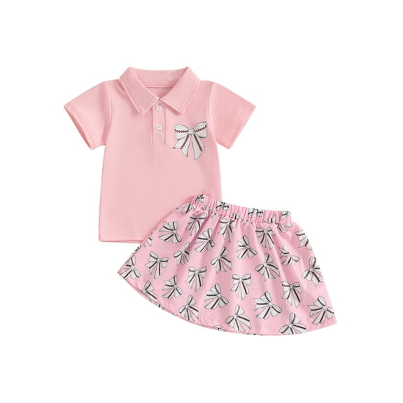 2Pcs Toddler Baby Girls Summer Outfits 6 12 18 24 Months 2T 3T 4T Short Sleeve Lapel Collar Tops Mini Skirt Set Baseball Clothes