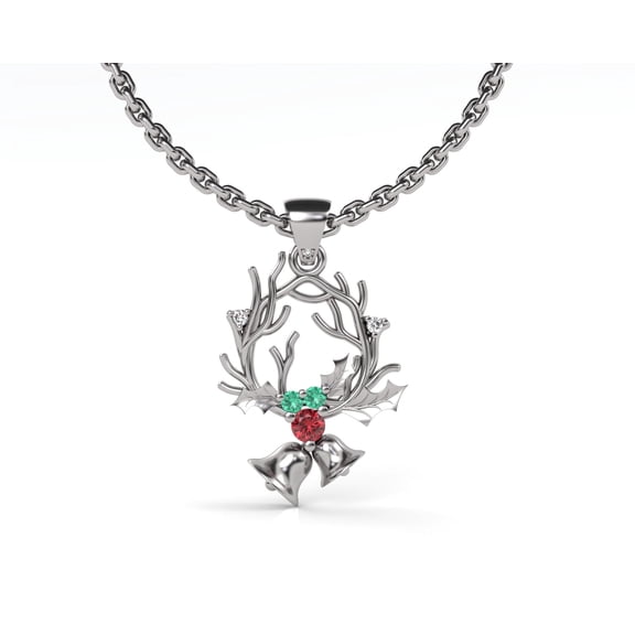 Natural Garnet Art Deco Pendant Necklace Silver,Poinsettia Wreath Silver Necklace,Emerald Sleigh Bell Pendant|January,May Birthstone,Birthday,Anniversary,Christmas Gift|Stage,Jesus Inspired Necklace