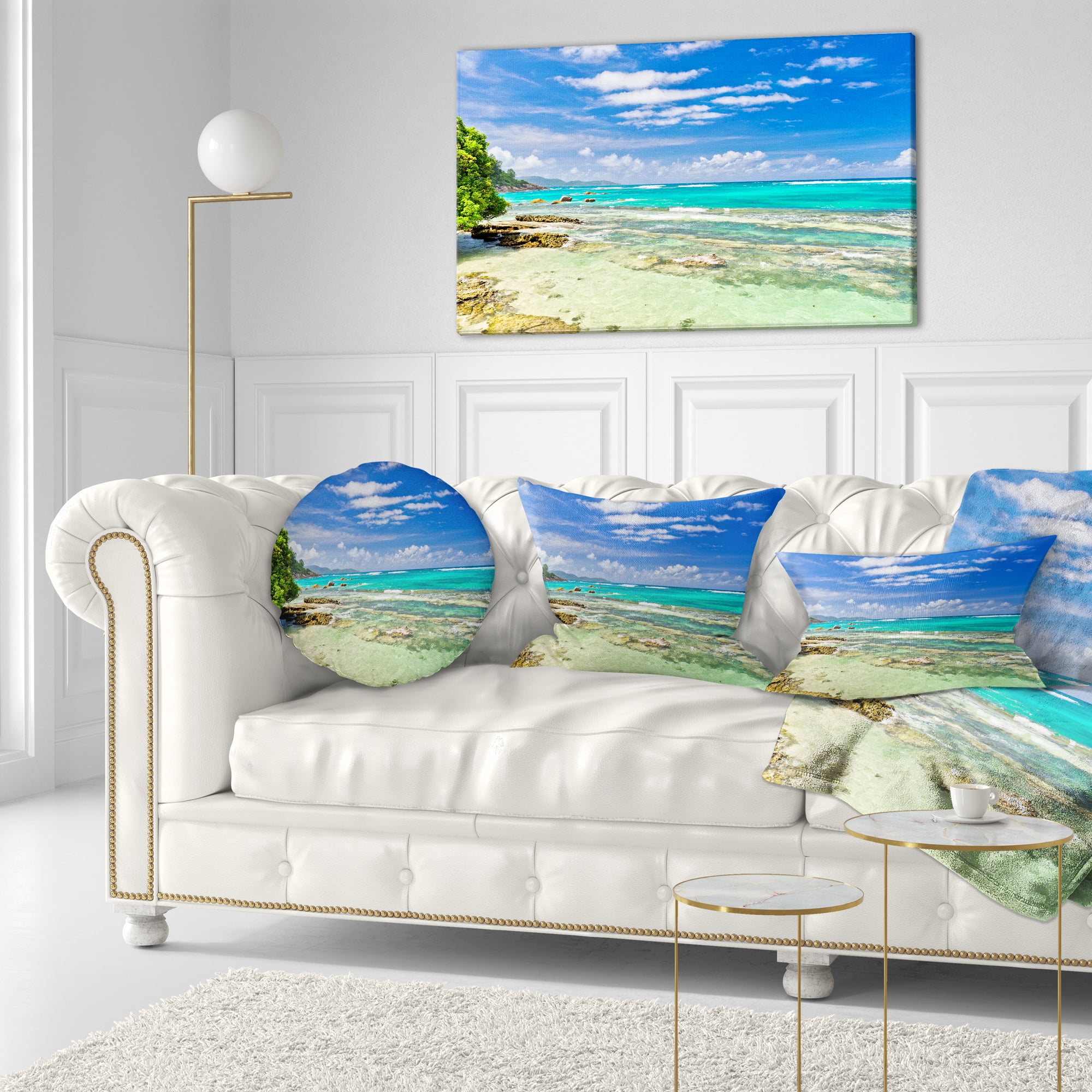 Designart Tranquil Seychelles Tropical Beach - Modern Seascape Throw Pillow - 12x20