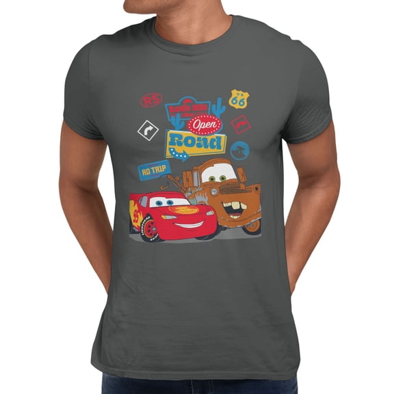 Disney Pixar Cars McQueen and Mater RoadTrip Men's T Shirt (Charcoal, S-XXXL)